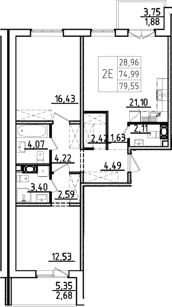 2-комнатная квартира 79.55 м², 2/9 эт., ЖК «IQ Гатчина 3»